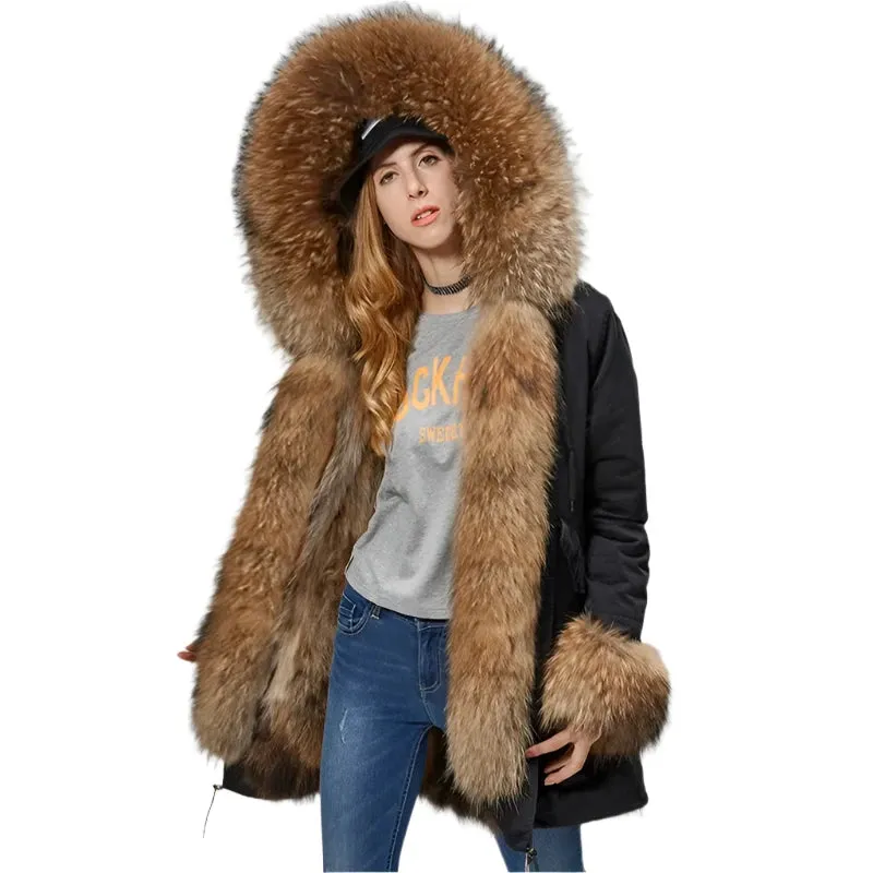 2025 Women's Winter Jacket - Long Black Parka with Real Fur Lining, Fox Fur Coat &amp; Raccoon Fur Collar | Hooded &amp; Waterproof