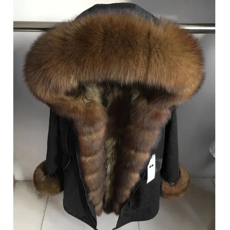 2025 Women's Winter Jacket - Long Black Parka with Real Fur Lining, Fox Fur Coat &amp; Raccoon Fur Collar | Hooded &amp; Waterproof