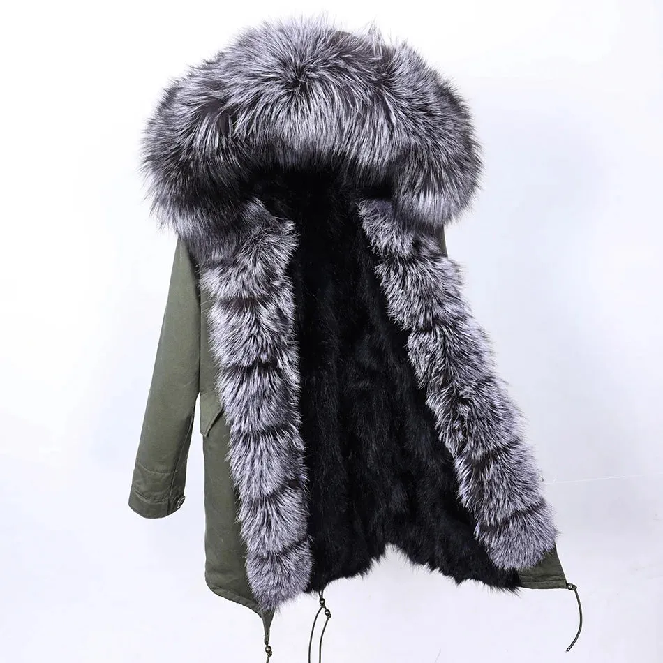 2025 Women's Winter Jacket - Long Black Parka with Real Fur Lining, Fox Fur Coat &amp; Raccoon Fur Collar | Hooded &amp; Waterproof