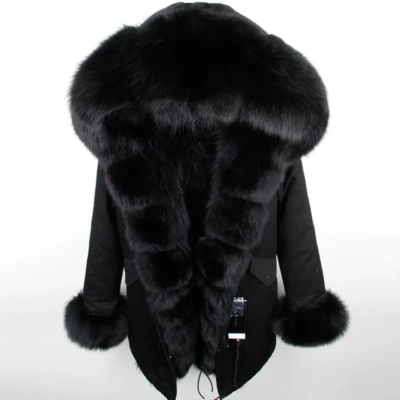 2025 Women's Winter Jacket - Long Black Parka with Real Fur Lining, Fox Fur Coat &amp; Raccoon Fur Collar | Hooded &amp; Waterproof