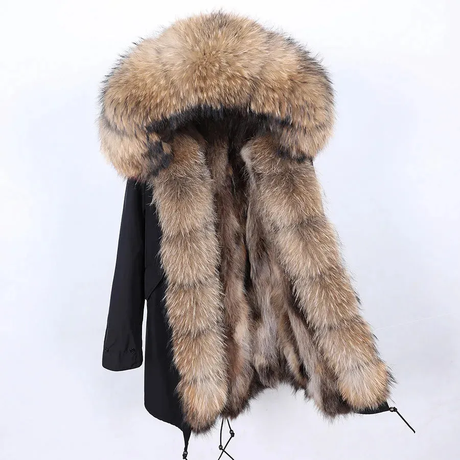 2025 Women's Winter Jacket - Long Black Parka with Real Fur Lining, Fox Fur Coat &amp; Raccoon Fur Collar | Hooded &amp; Waterproof