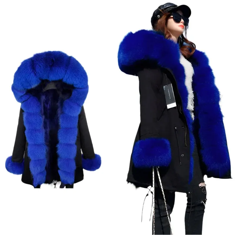 2025 Women's Winter Jacket - Long Black Parka with Real Fur Lining, Fox Fur Coat &amp; Raccoon Fur Collar | Hooded &amp; Waterproof