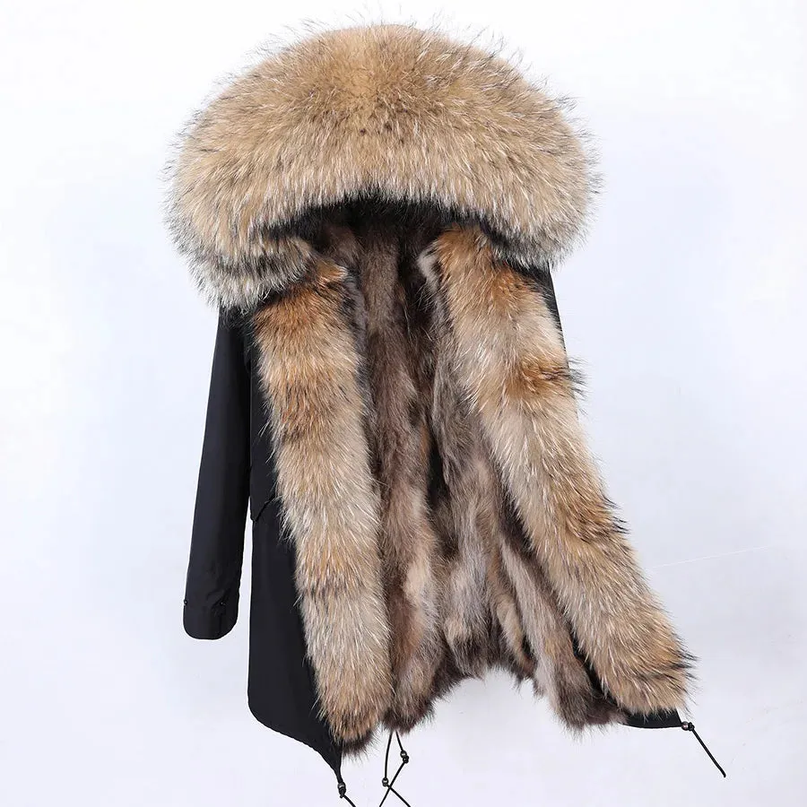 2025 Women's Winter Jacket - Long Black Parka with Real Fur Lining, Fox Fur Coat &amp; Raccoon Fur Collar | Hooded &amp; Waterproof