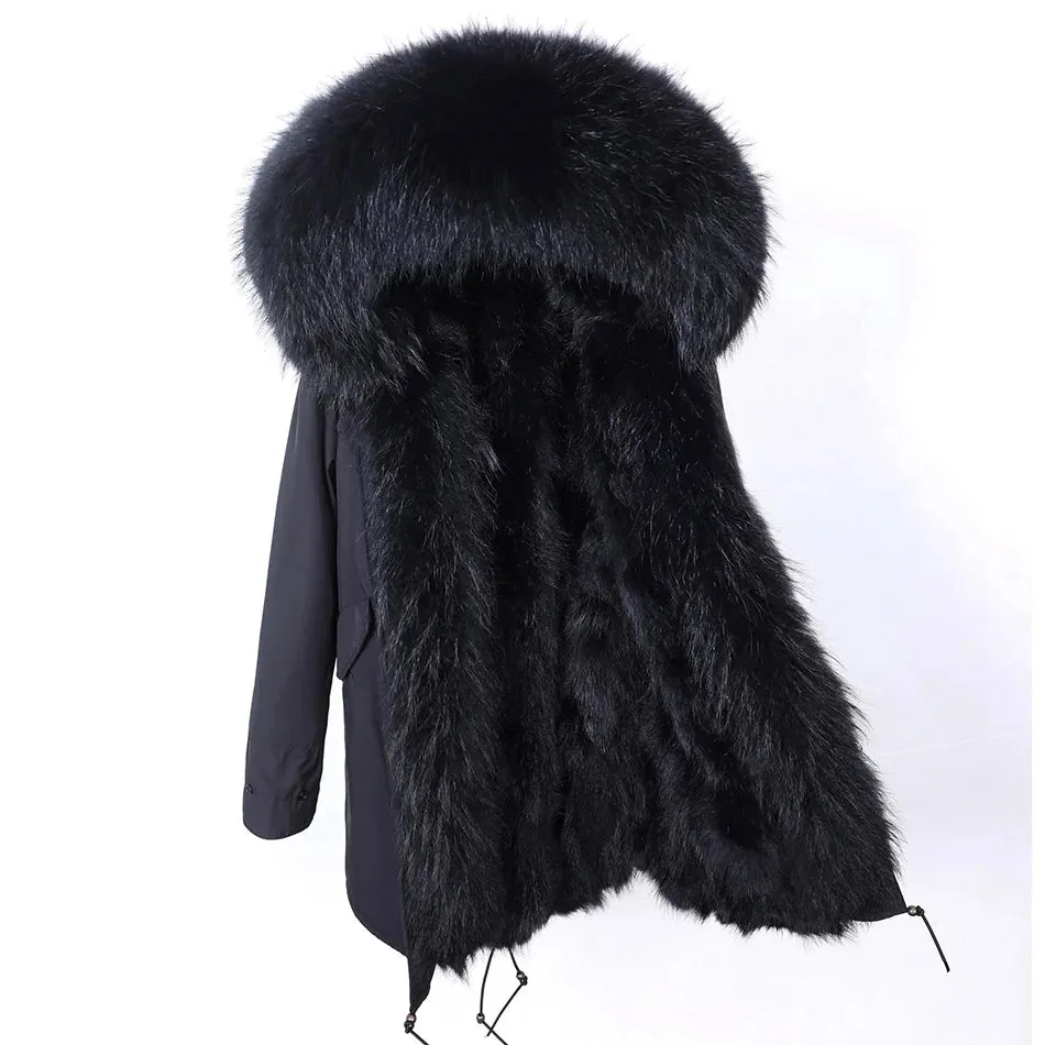 2025 Women's Winter Jacket - Long Black Parka with Real Fur Lining, Fox Fur Coat &amp; Raccoon Fur Collar | Hooded &amp; Waterproof