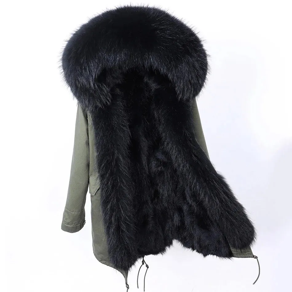 2025 Women's Winter Jacket - Long Black Parka with Real Fur Lining, Fox Fur Coat &amp; Raccoon Fur Collar | Hooded &amp; Waterproof