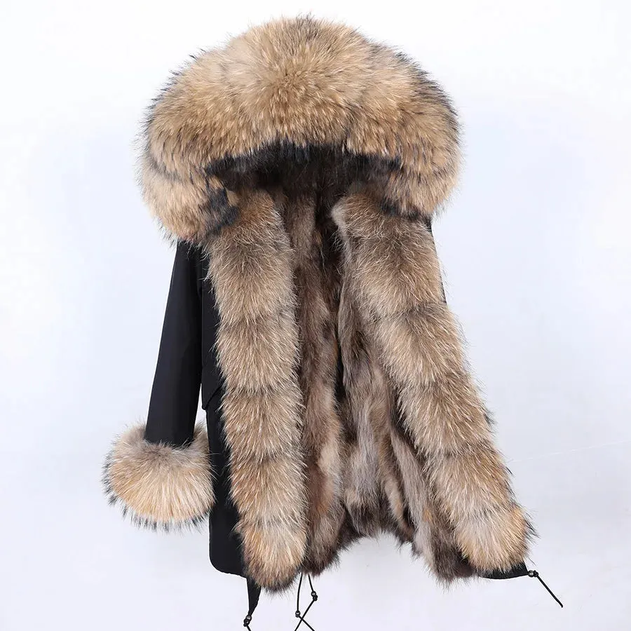 2025 Women's Winter Jacket - Long Black Parka with Real Fur Lining, Fox Fur Coat &amp; Raccoon Fur Collar | Hooded &amp; Waterproof