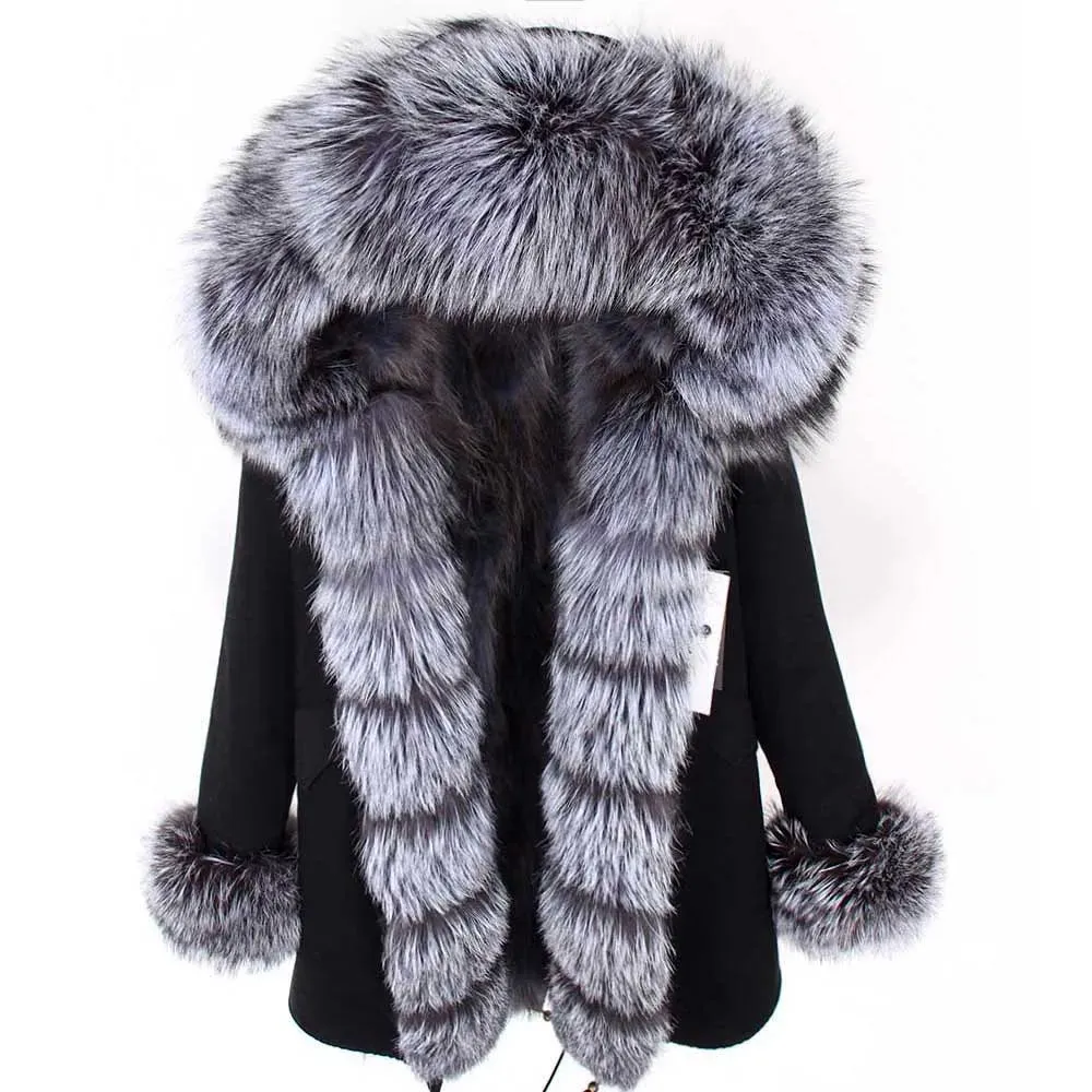 2025 Women's Winter Jacket - Long Black Parka with Real Fur Lining, Fox Fur Coat &amp; Raccoon Fur Collar | Hooded &amp; Waterproof