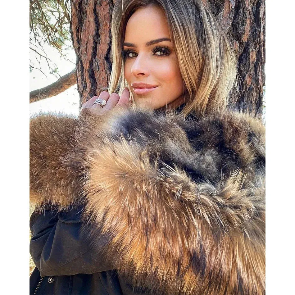 2025 Women's Winter Jacket - Long Black Parka with Real Fur Lining, Fox Fur Coat &amp; Raccoon Fur Collar | Hooded &amp; Waterproof