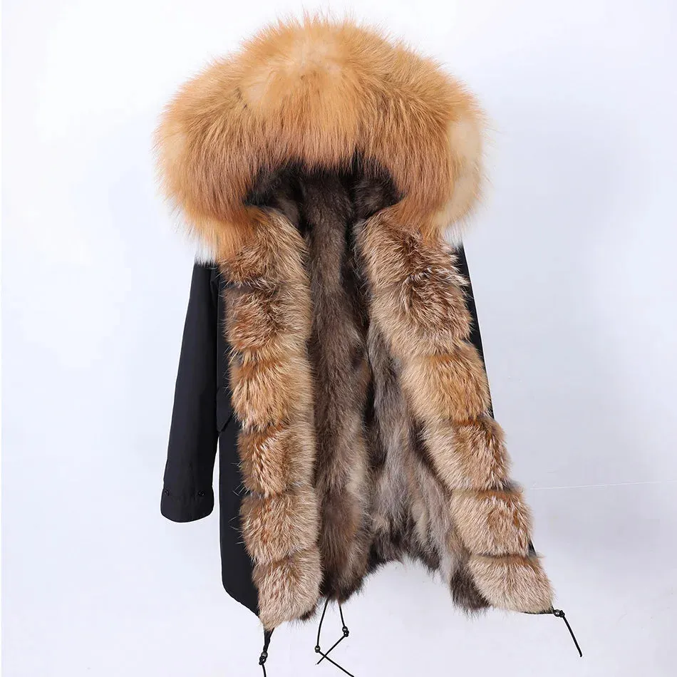 2025 Women's Winter Jacket - Long Black Parka with Real Fur Lining, Fox Fur Coat &amp; Raccoon Fur Collar | Hooded &amp; Waterproof