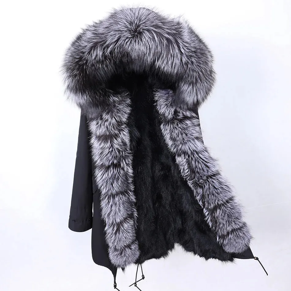 2025 Women's Winter Jacket - Long Black Parka with Real Fur Lining, Fox Fur Coat &amp; Raccoon Fur Collar | Hooded &amp; Waterproof