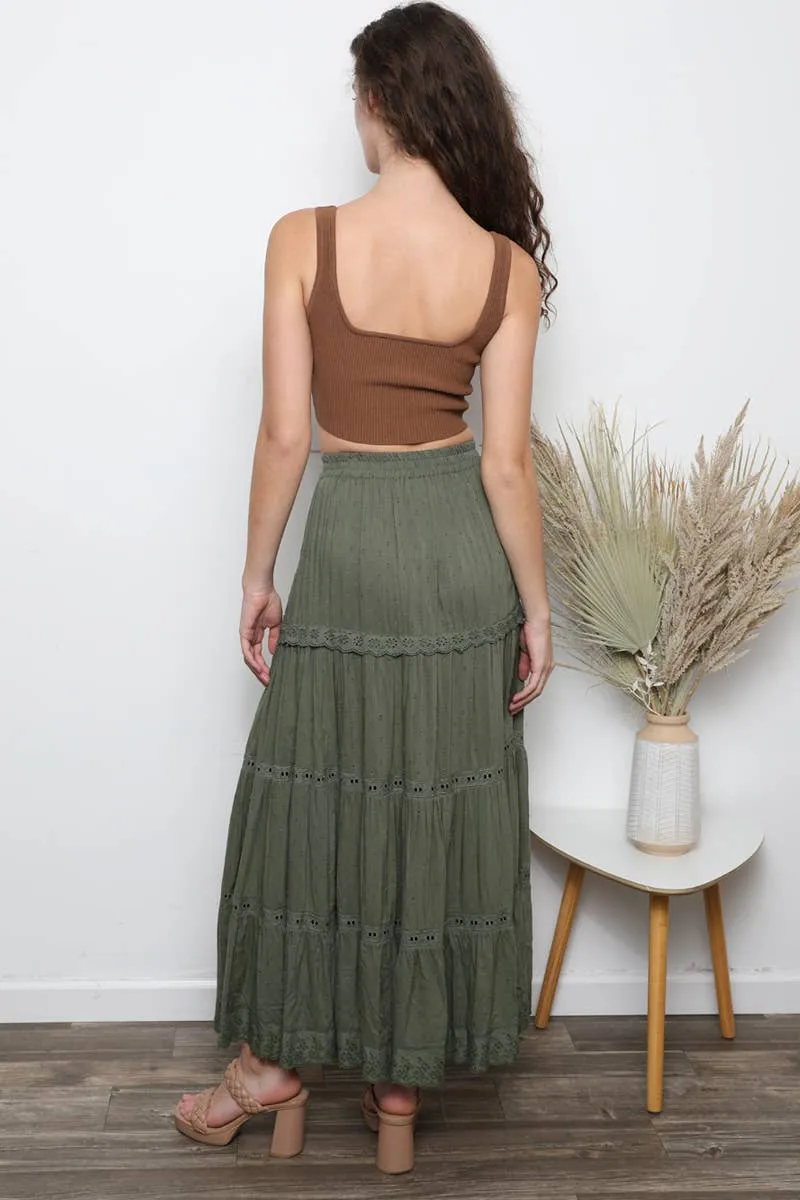 Angie Asis Tiered Maxi Skirt With  Lace Trim & Slit