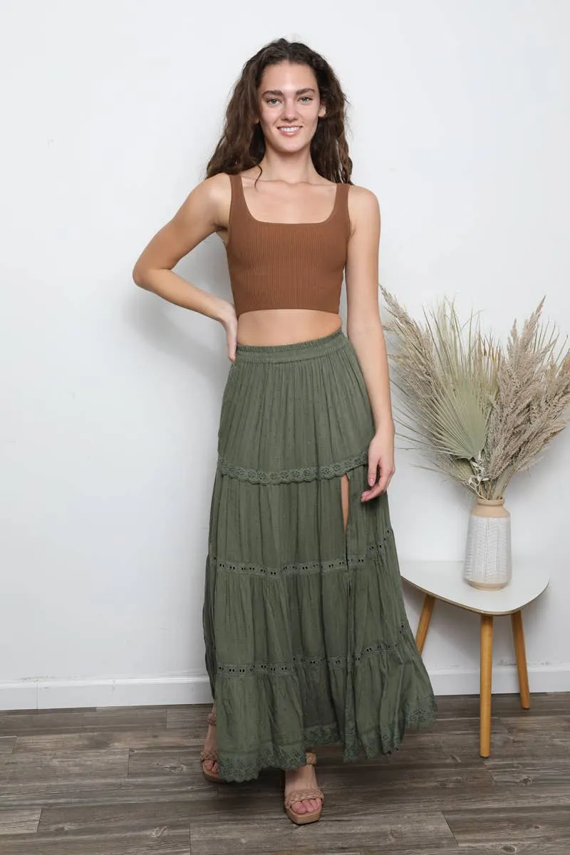 Angie Asis Tiered Maxi Skirt With  Lace Trim & Slit