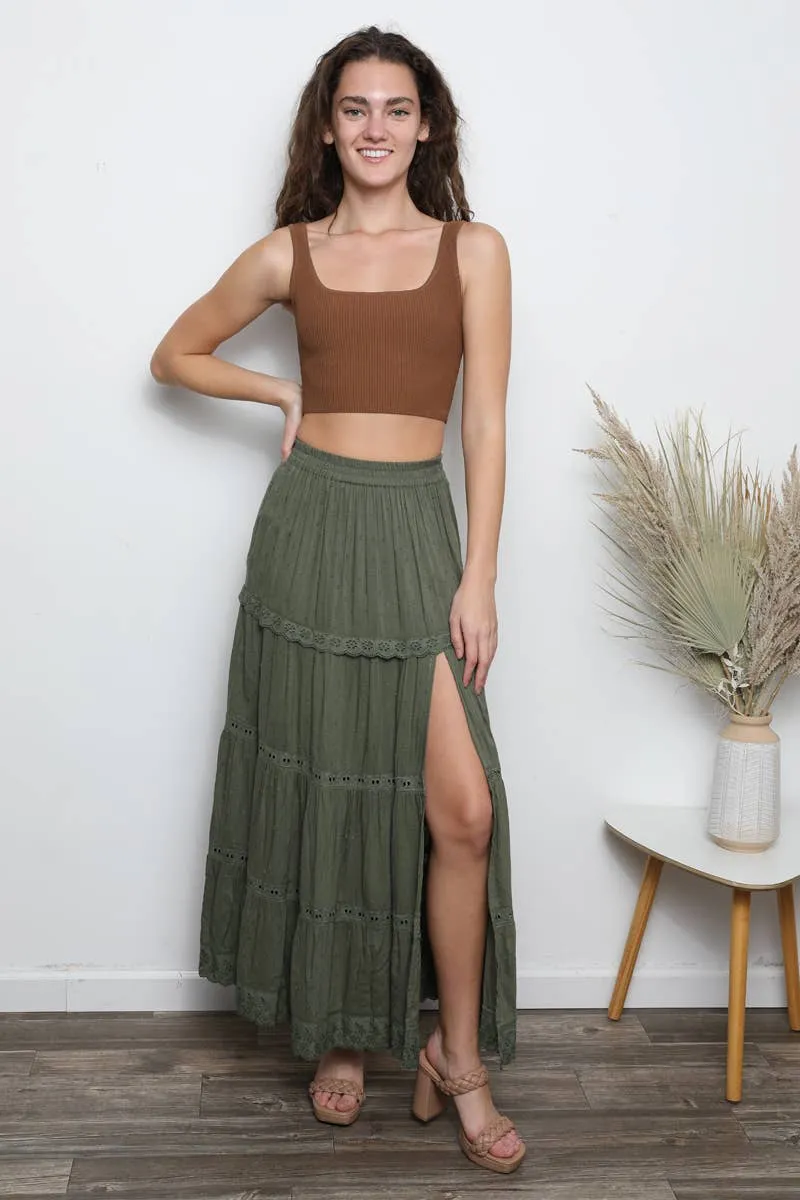 Angie Asis Tiered Maxi Skirt With  Lace Trim & Slit