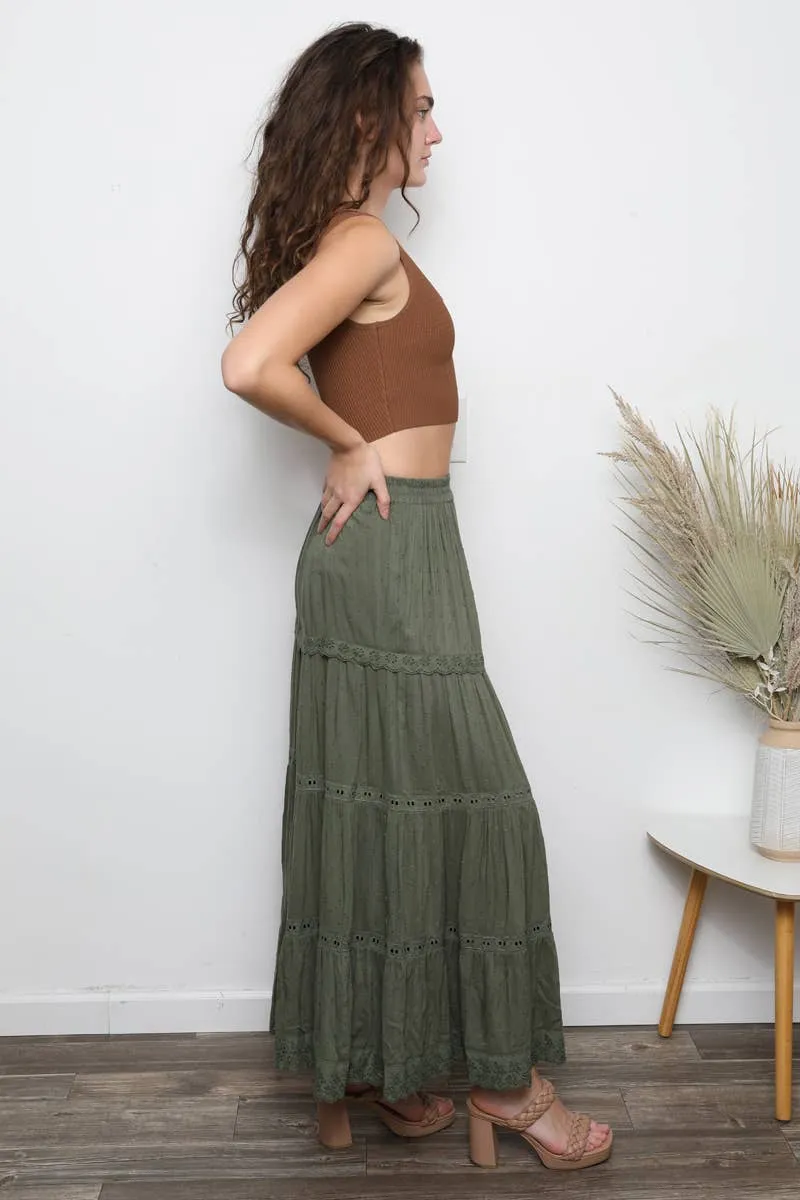 Angie Asis Tiered Maxi Skirt With  Lace Trim & Slit