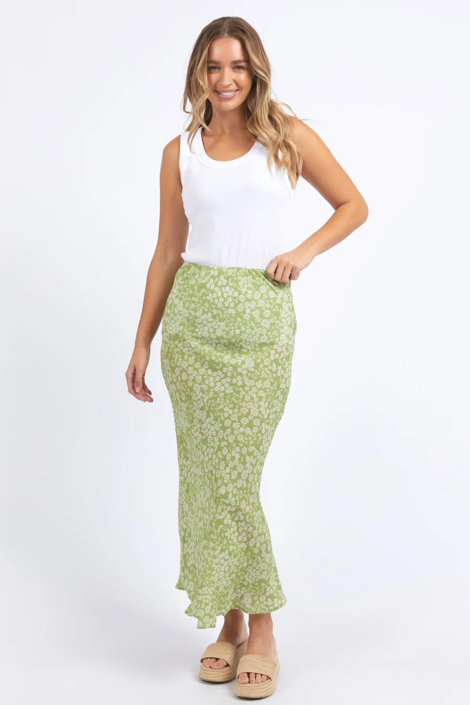 Antalya Green Floral Midi Skirt