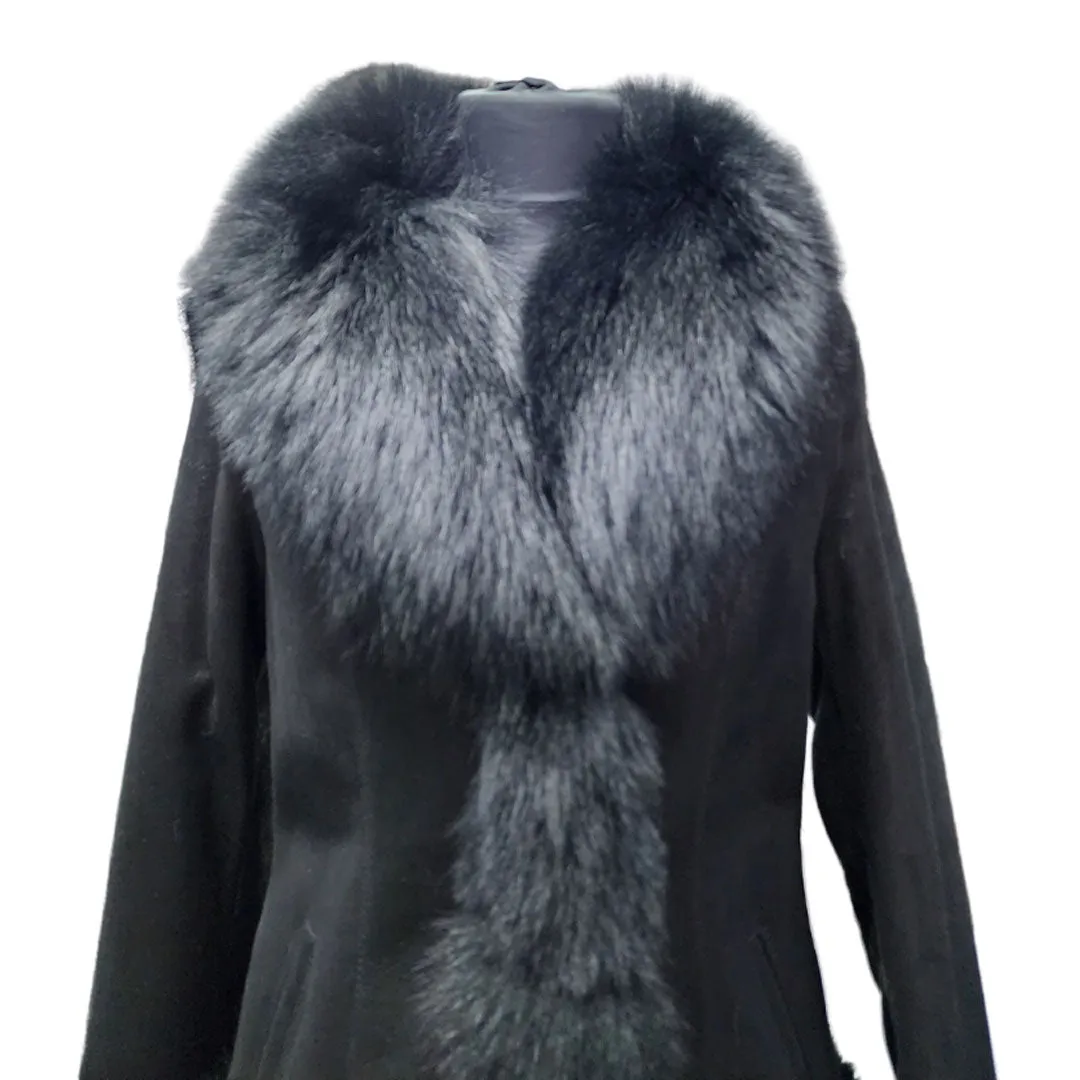 Astrid black shearling coat with fox fur trim