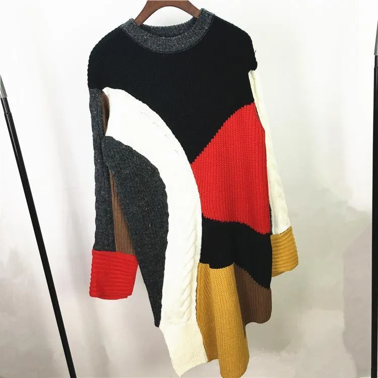 Autumn And Winter Irregular Color Matching Pullover Retro Knit Dress