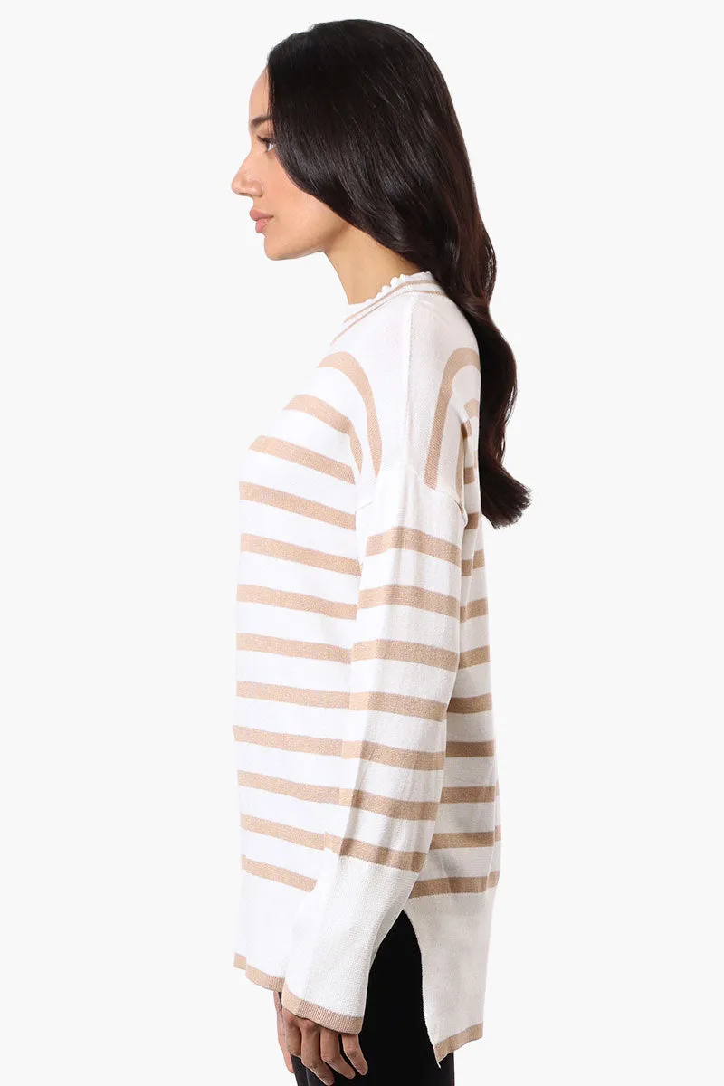 Beechers Brook Striped Mock Neck Pullover Sweater - Beige