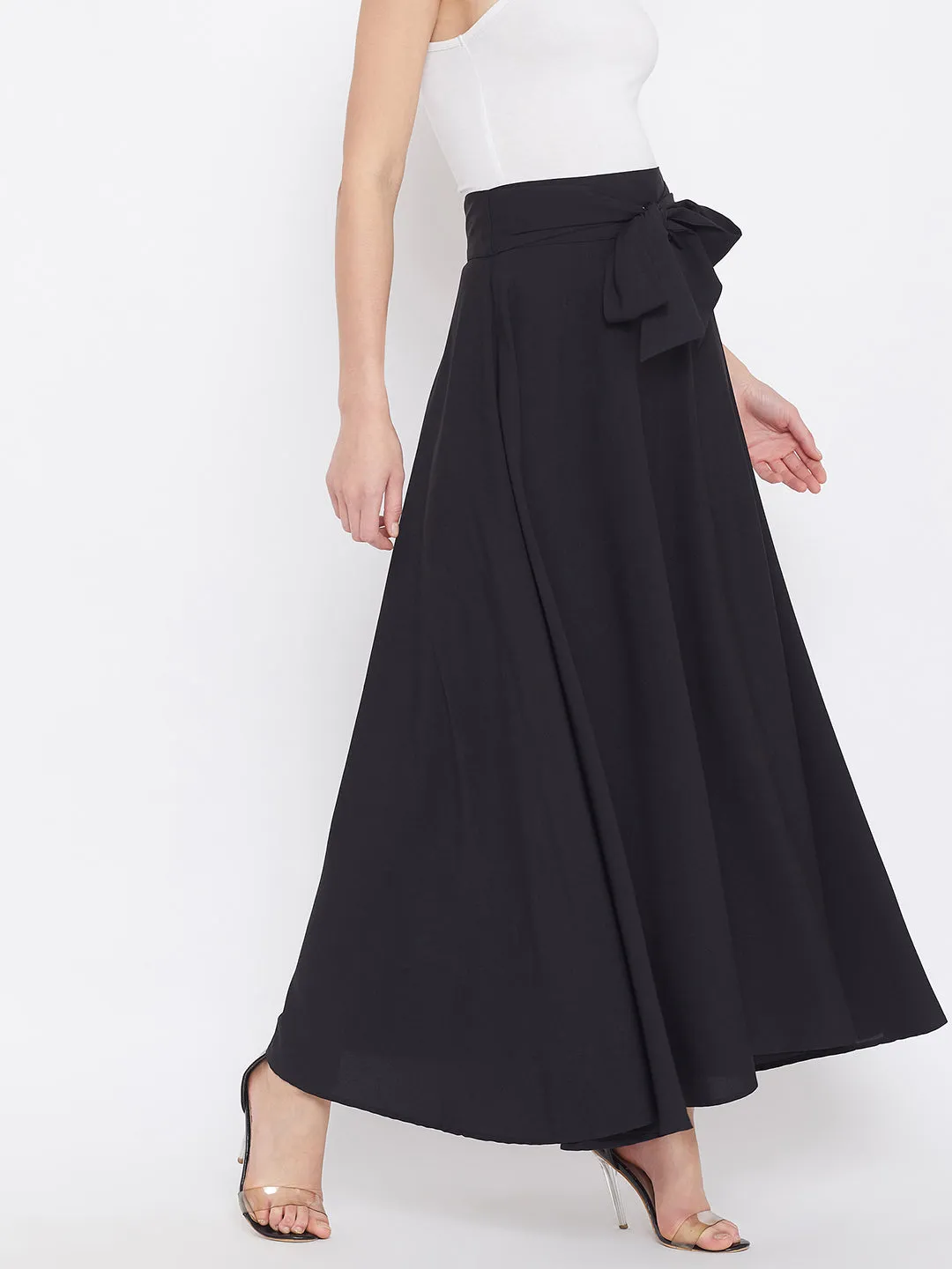 Berrylush Women Solid Black Bow-Tie High-Waist Maxi Skirt