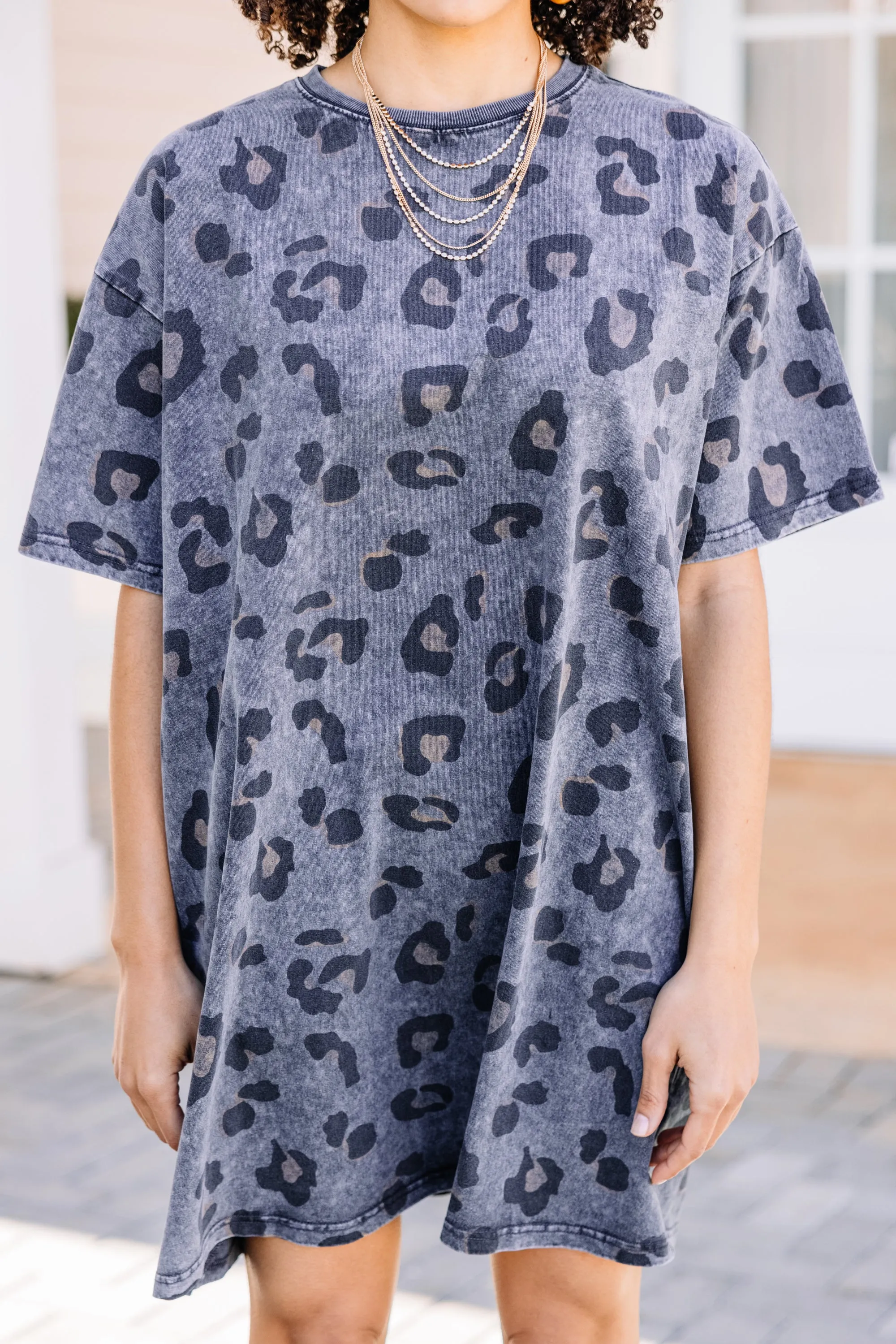 Between Glances Ash Gray Leopard T-shirt Dress