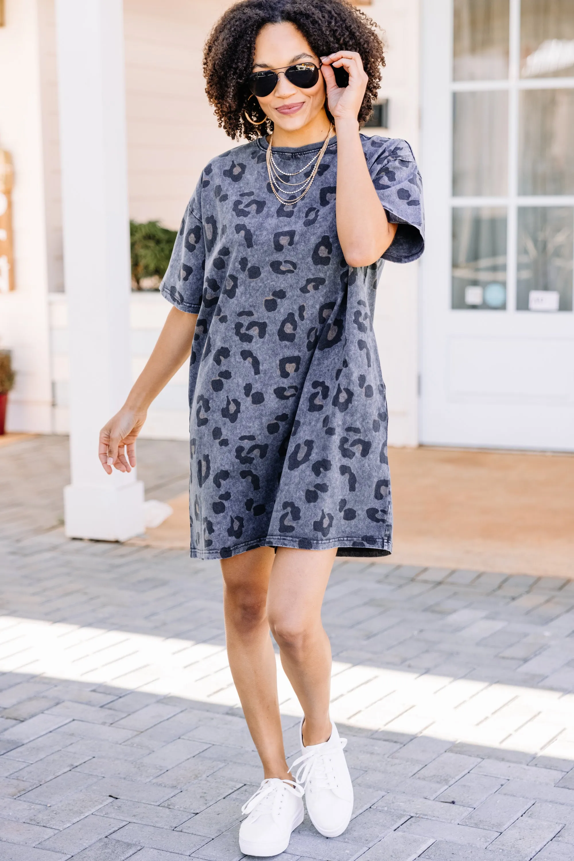 Between Glances Ash Gray Leopard T-shirt Dress