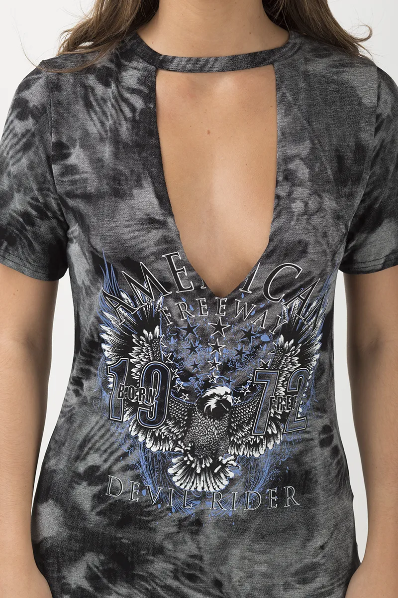 Black Acid Wash Cut Out 'Devil Rider' Print T-Shirt Dress - Mariah