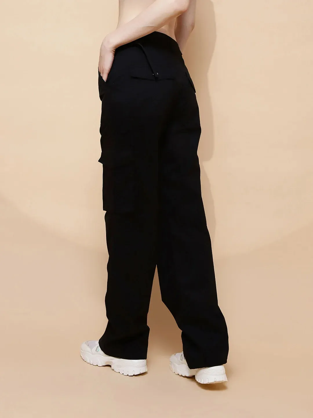 Black Cotton Straight Relaxed Fit Cargo For Women