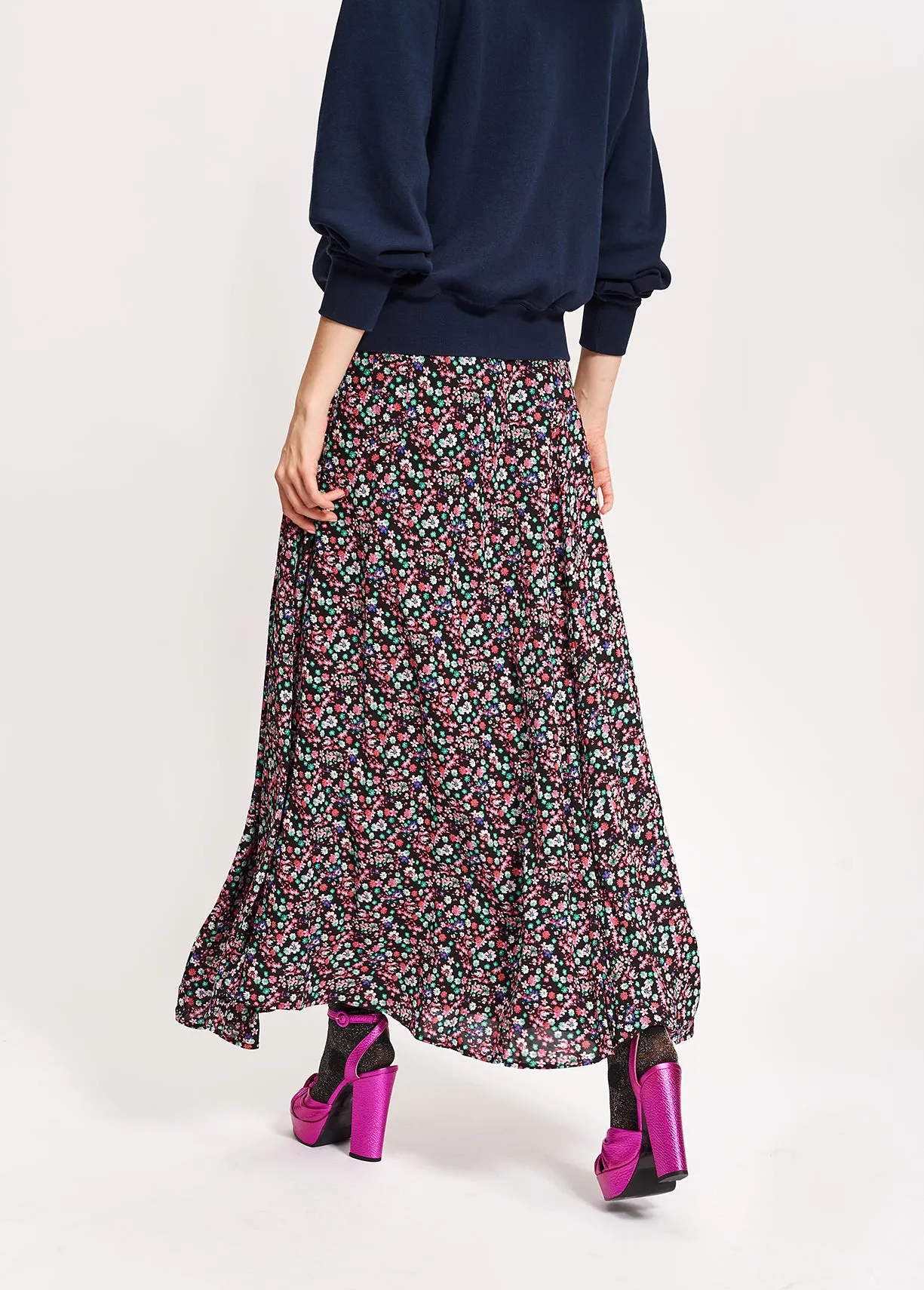 Black floral-print wrap maxi skirt