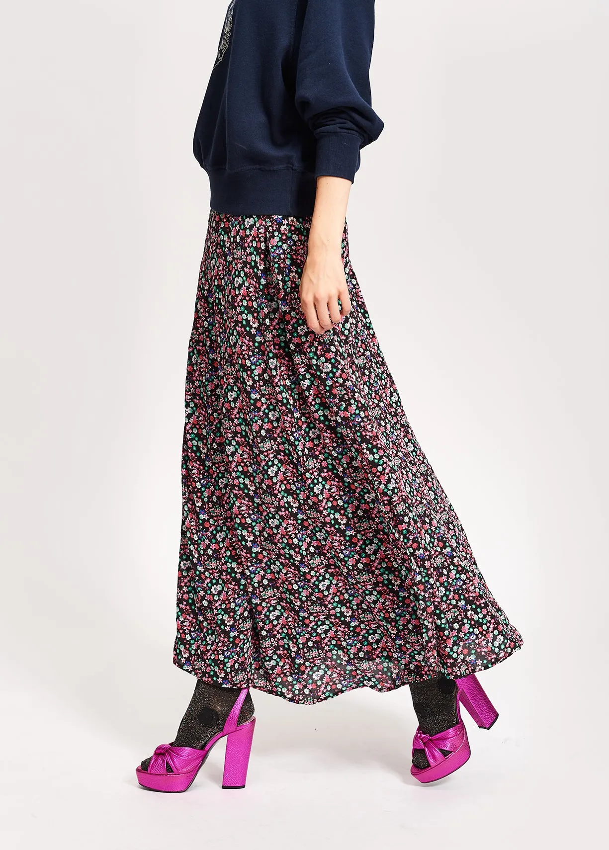 Black floral-print wrap maxi skirt