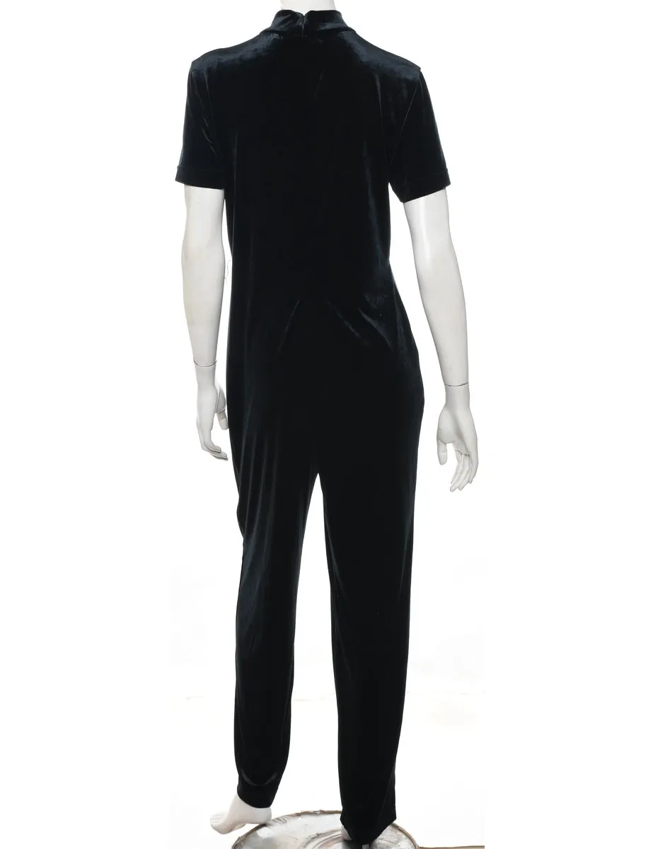 Black High Neck Classic Velour Jumpsuit  - M