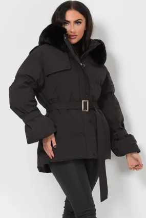 Black Puffer Padded Coat With Faux Fur Hood