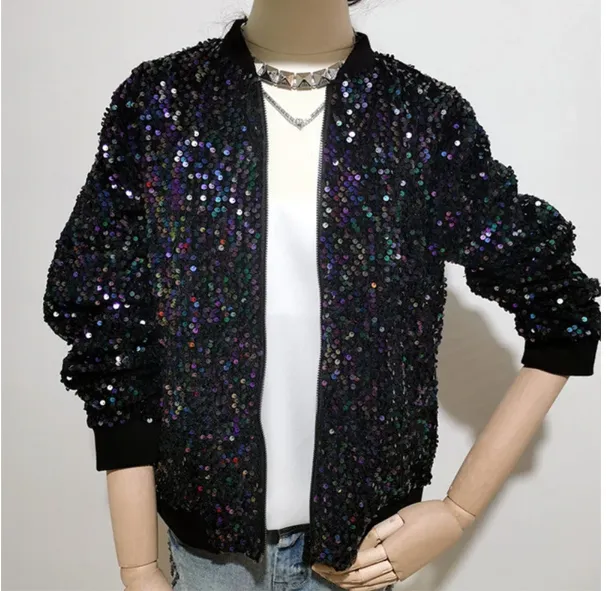 Black Sequin Bomber Jacket