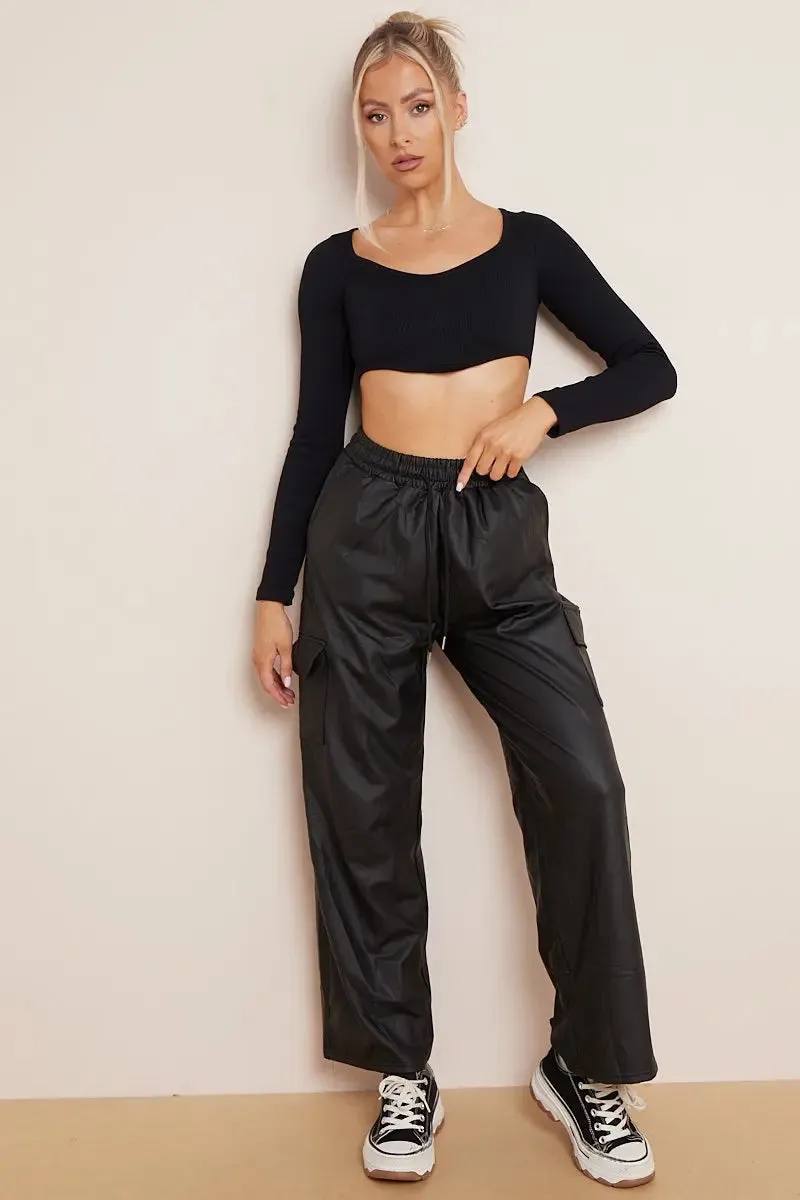 Black Wide Leg Pockets PU Cargo Pants