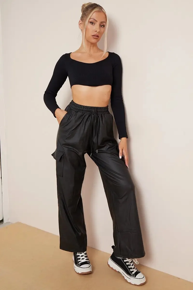 Black Wide Leg Pockets PU Cargo Pants