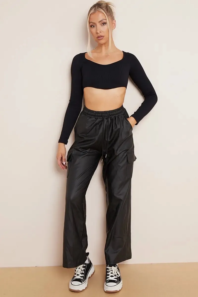 Black Wide Leg Pockets PU Cargo Pants