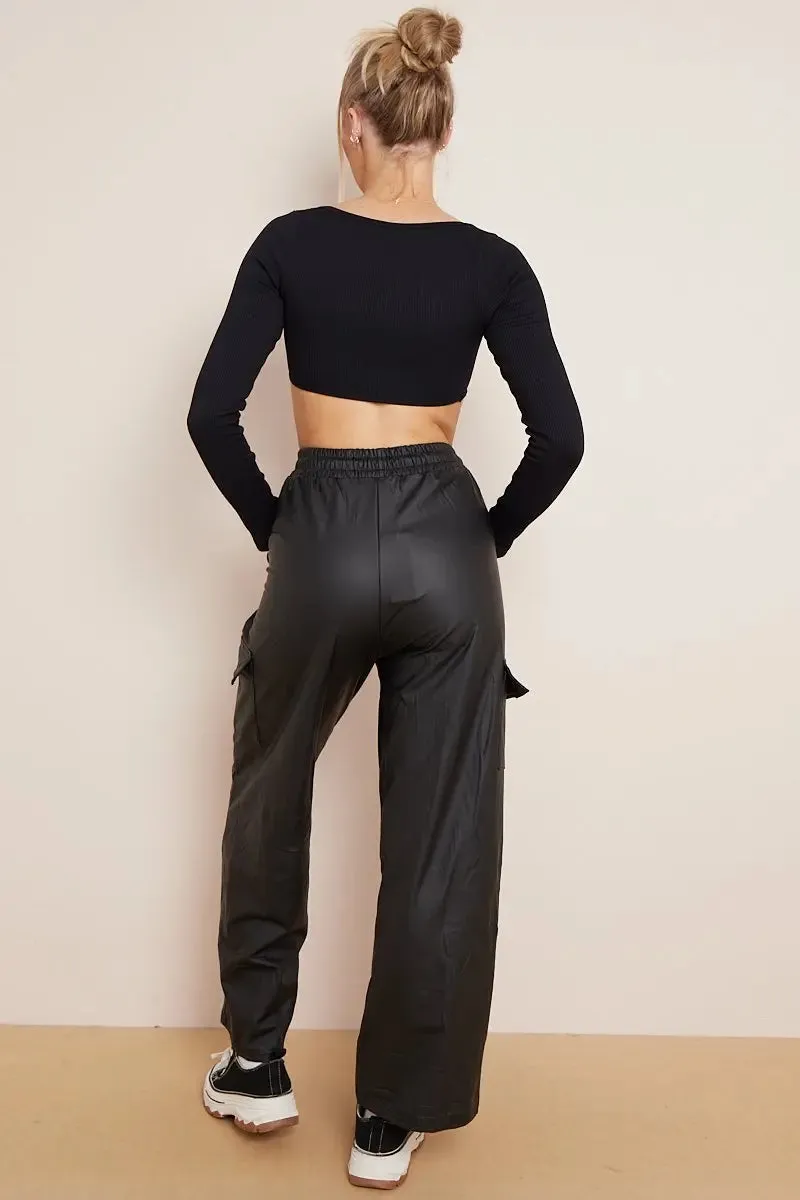 Black Wide Leg Pockets PU Cargo Pants