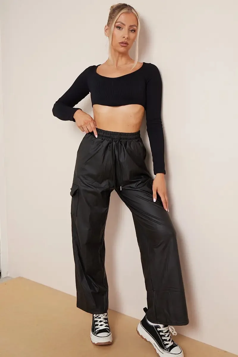 Black Wide Leg Pockets PU Cargo Pants