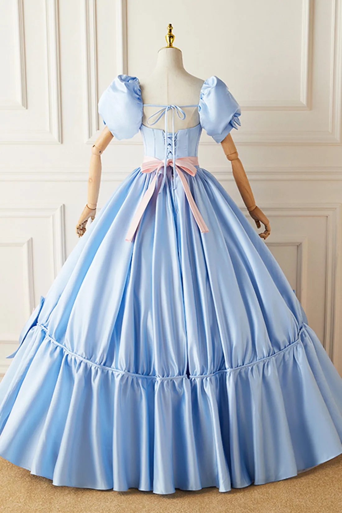 Blue Satin Long Princess Dress, Lovely Short Sleeve Ball Gown Sweet 16 Dress