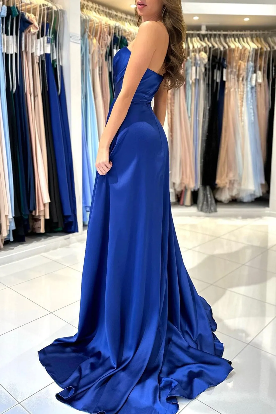 Blue Strapless Long Prom Dress, Simple A-Line Sweetheart Evening Dress