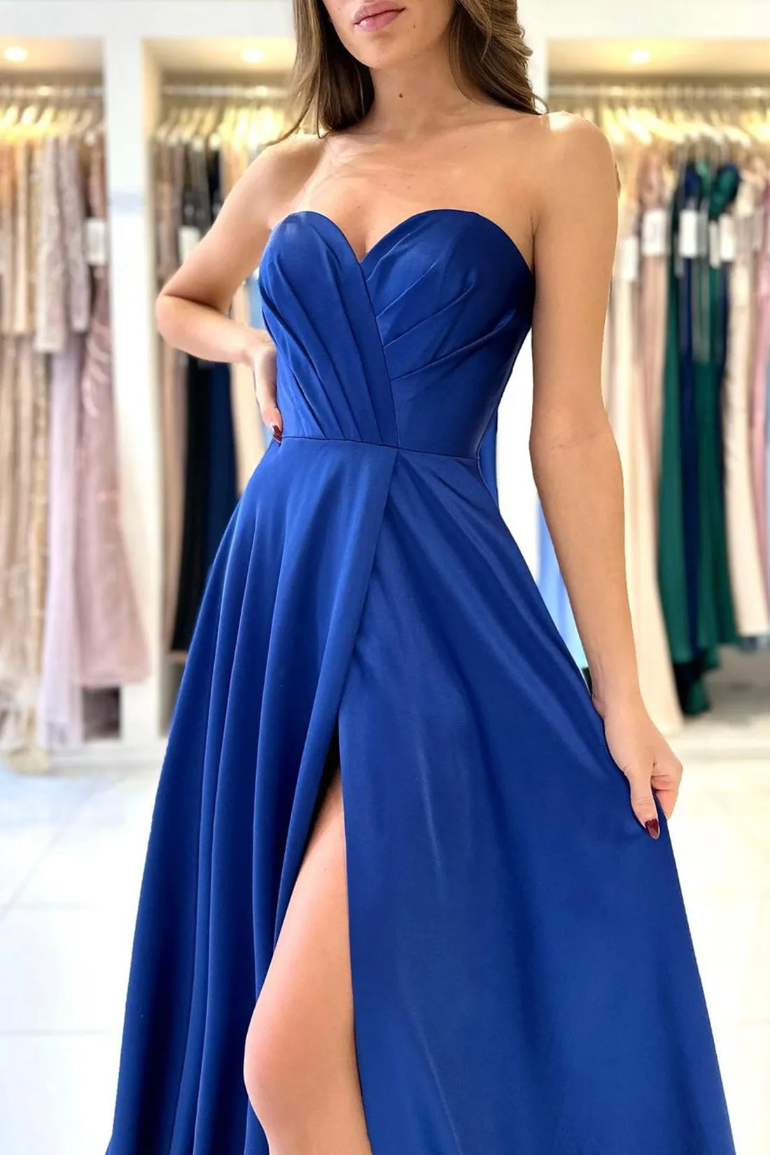 Blue Strapless Long Prom Dress, Simple A-Line Sweetheart Evening Dress