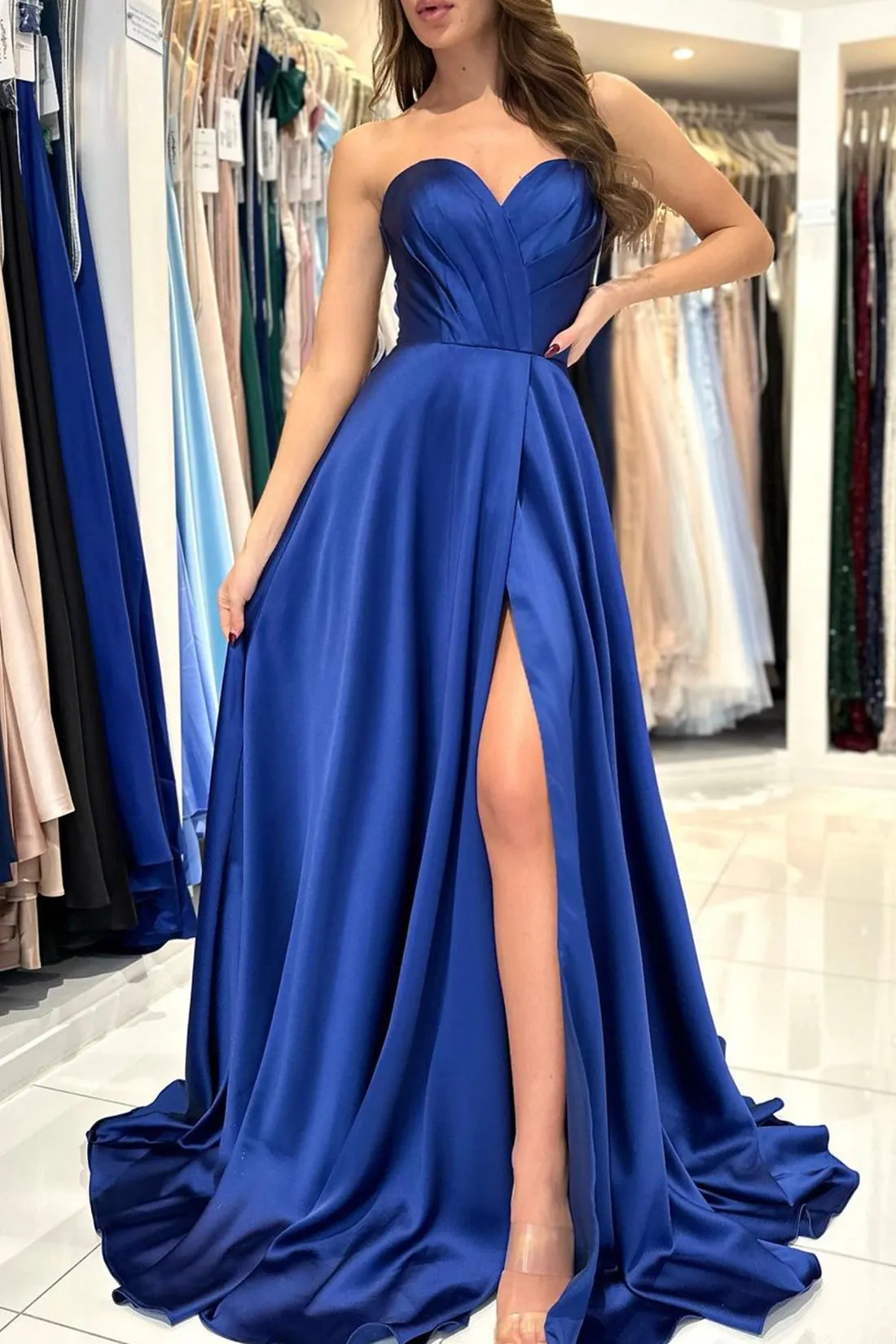 Blue Strapless Long Prom Dress, Simple A-Line Sweetheart Evening Dress