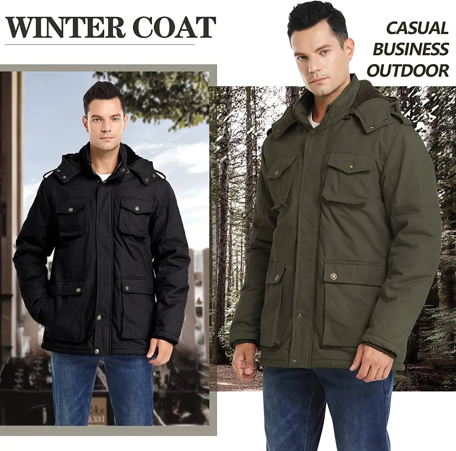 Casual Military Parka Jacket with Removable Hood