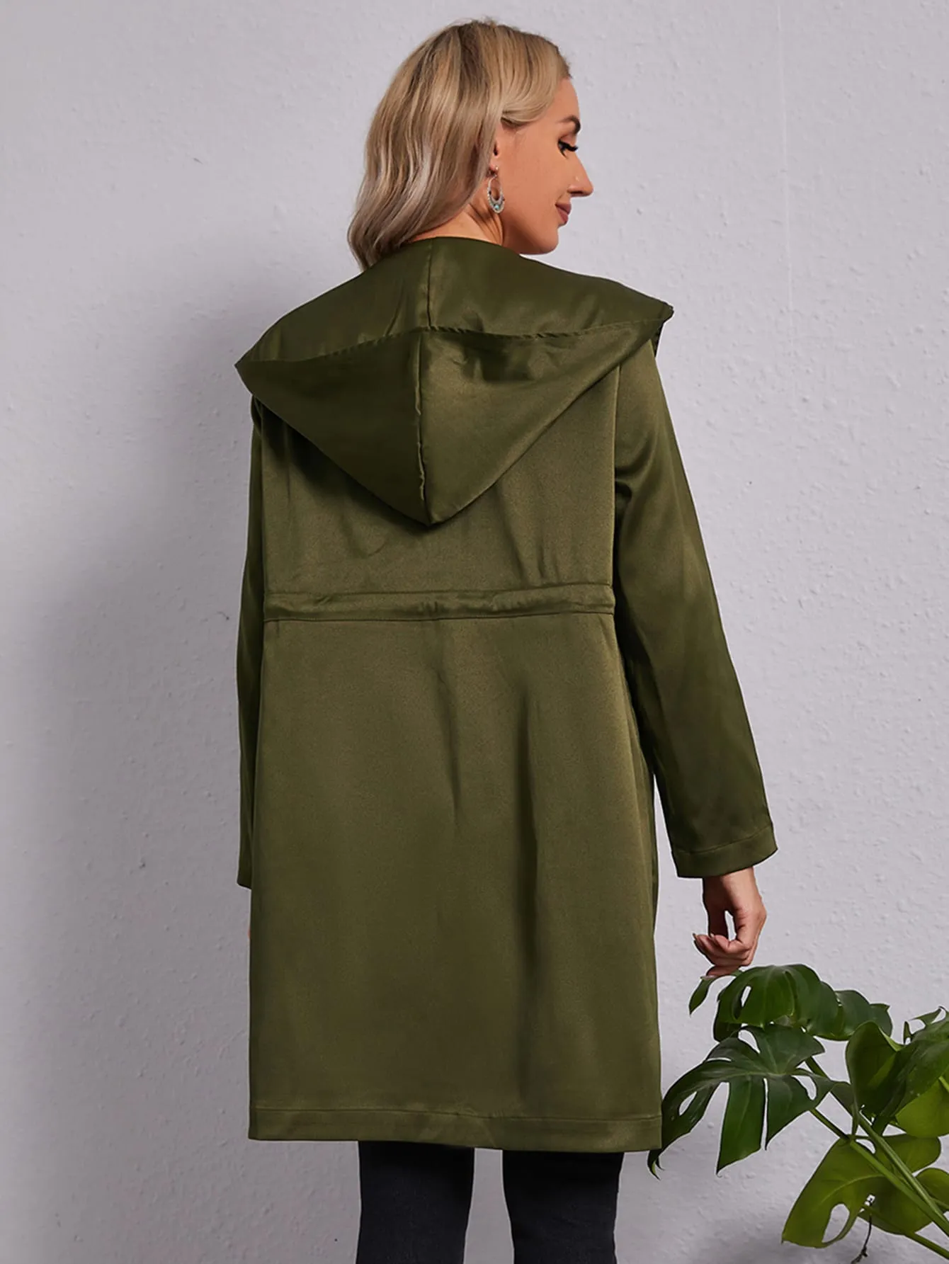 Casual Plain Drawstring Long Sleeve Hooded Midi Women Coat