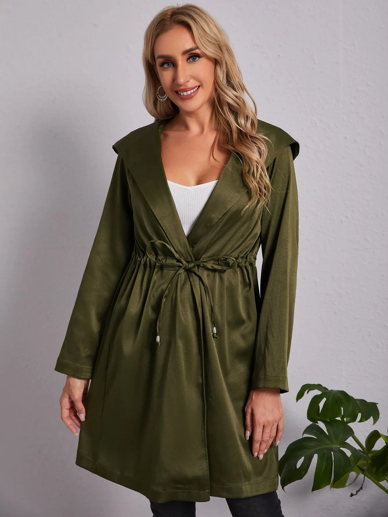 Casual Plain Drawstring Long Sleeve Hooded Midi Women Coat