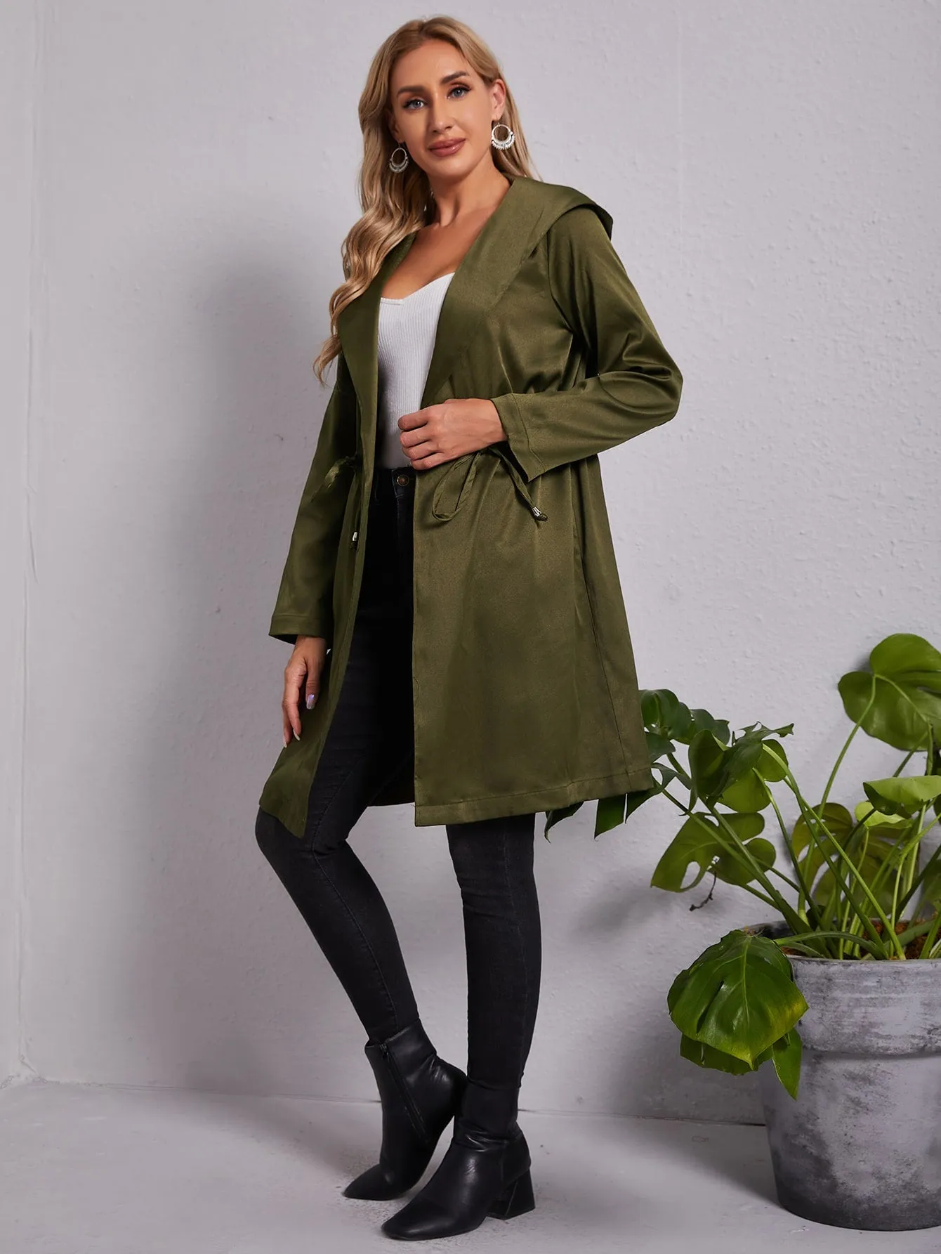 Casual Plain Drawstring Long Sleeve Hooded Midi Women Coat