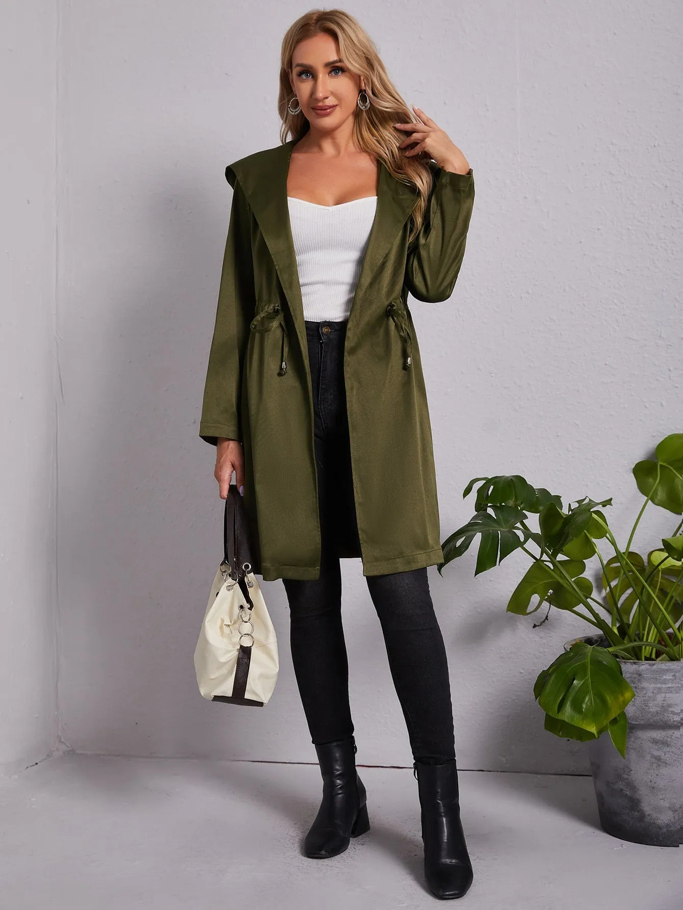 Casual Plain Drawstring Long Sleeve Hooded Midi Women Coat