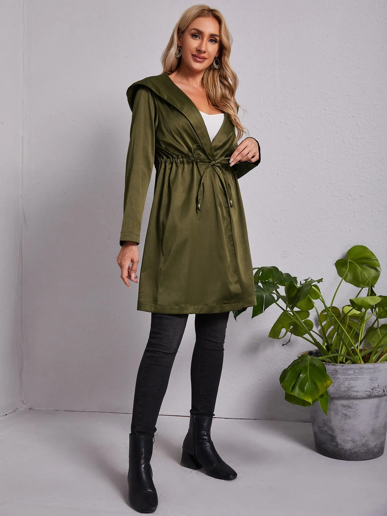 Casual Plain Drawstring Long Sleeve Hooded Midi Women Coat