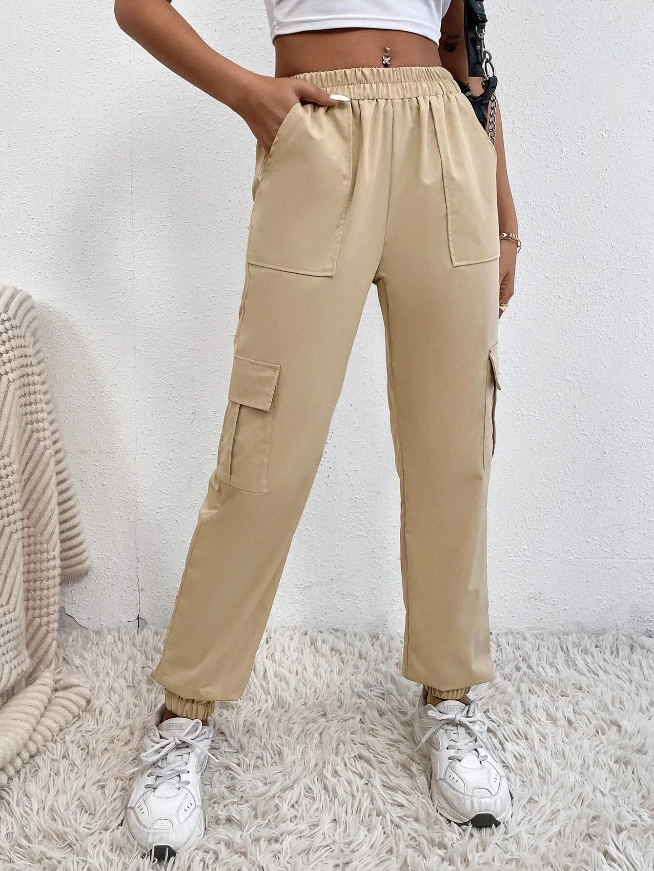 Casual Plain Flap Pocket Side Cargo Pants