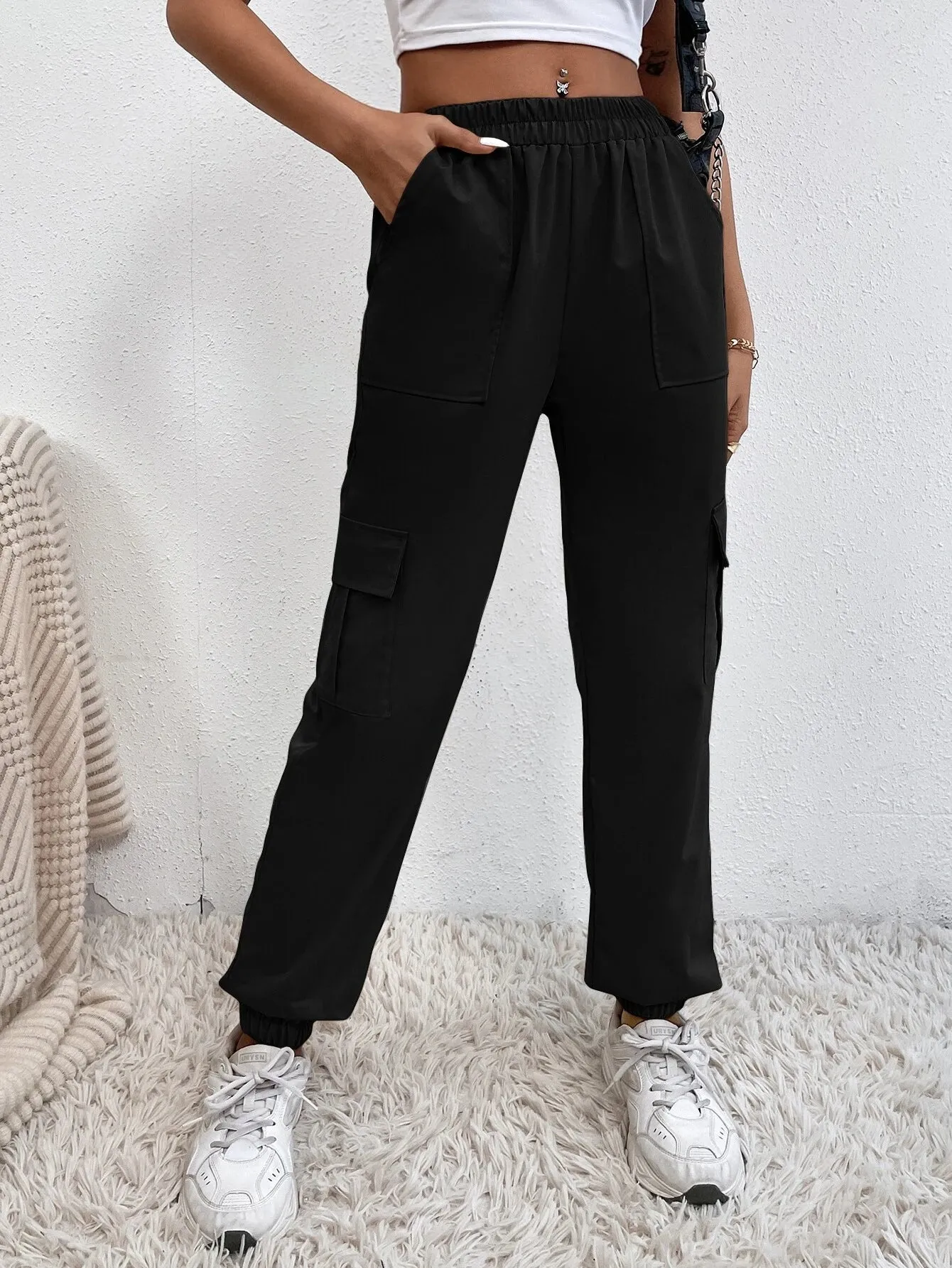 Casual Plain Flap Pocket Side Cargo Pants