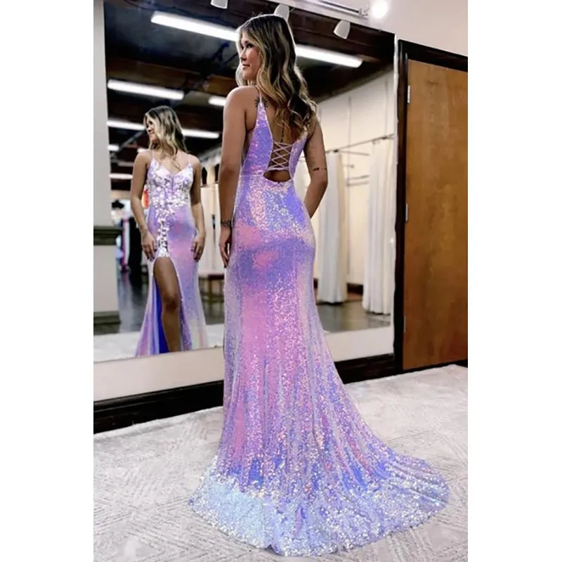 Charming Mermaid V Neck Lavender Sequins Long Prom Dresses with Appliques